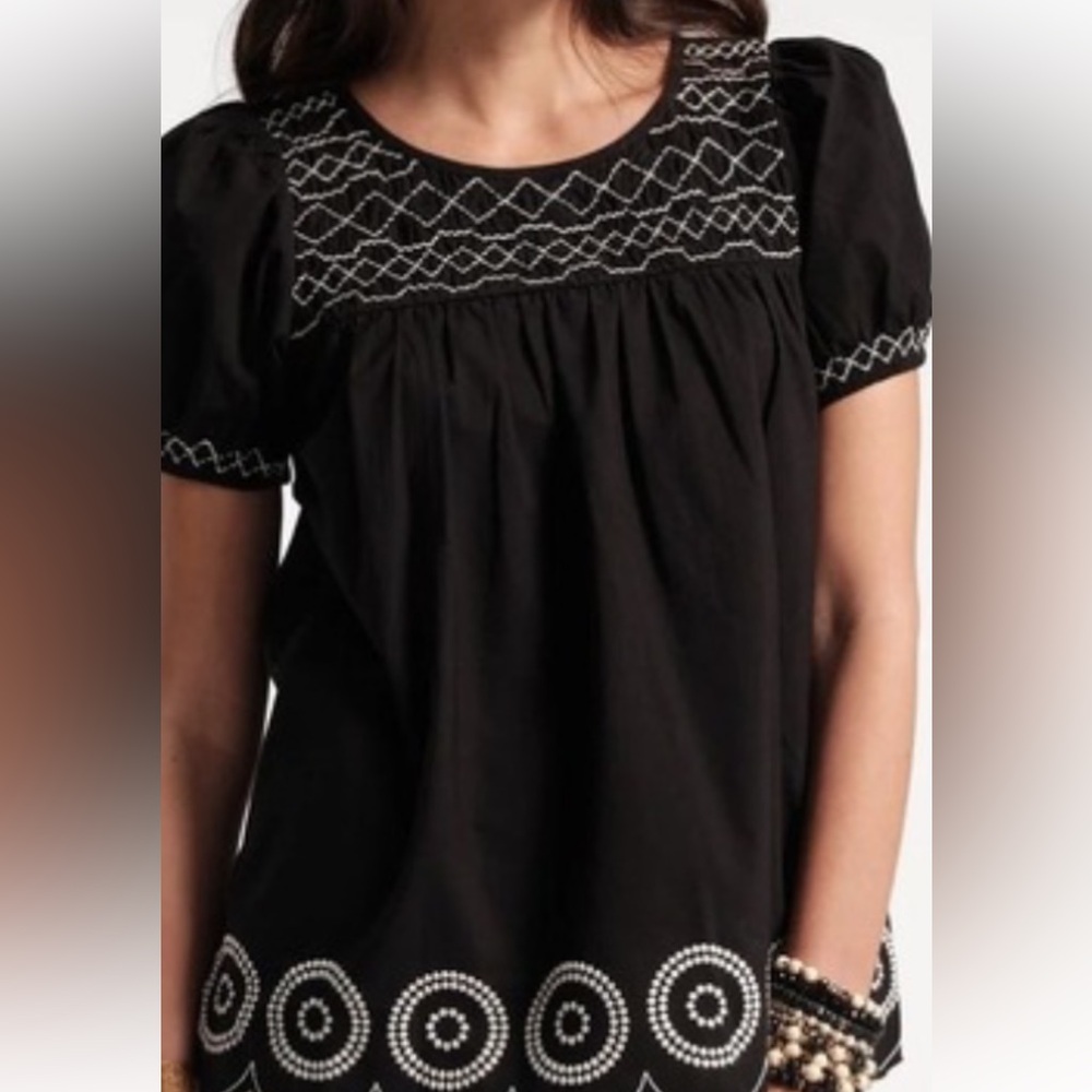Frances Valentine Black Whit Embroidered Smocked Scalloped Raw-Cut Blouse XS